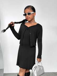 Dziewczęcy sportowy, swobodny, dzianinowy, długi kardigan z długim rękawem i sukienka typu pinafore, 2 sztuki, zestaw