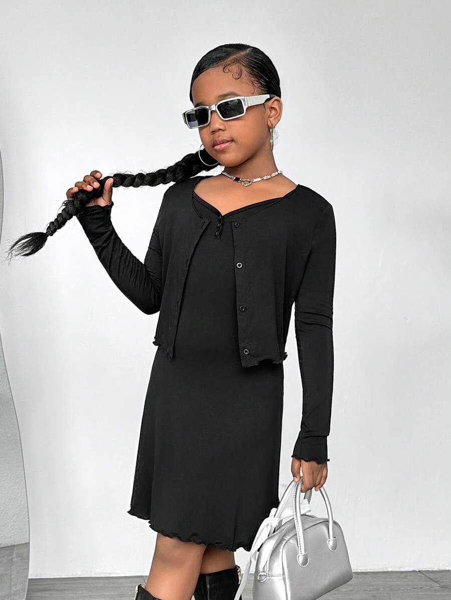 Dziewczęcy sportowy, swobodny, dzianinowy, długi kardigan z długim rękawem i sukienka typu pinafore, 2 sztuki, zestaw