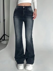 DAZY Quần Jeans Ống Loe Ôm, Có Túi Cài Nút Phía Trước, Giặt Sạch, Kiểu Dáng Cũ Cho Nữ - Rửa tối - Xem 5