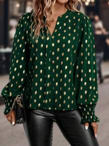 Plus Size damska wiosna i lato złota kropka nadruk dekolt w serek długa elegancka bluzka - Ciemnozielony - Zobacz 4