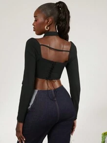 evoluSHEIN X Anitta The Perfect Party 设计师女士夏季纯色长袖扭纹前短款系带衬衫，节日、感恩节、节日