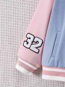 SHEIN Chaqueta de punto informal con parches de letras de bloques de color para niña joven