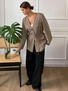 Livesso Women's Loose Pocket Lapel Long Sleeve Belted Blazer Jacket,Fall Women Clothes Business Attire - Coffee Brown - View 5