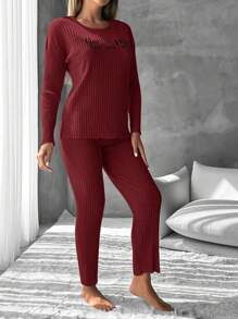 EURMUSE Ladies' Ribbed Pajama Set With Text Print - Red - View 4