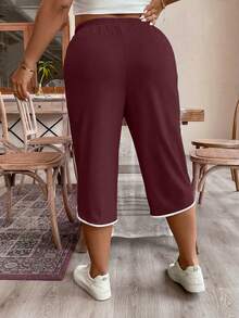 SHEIN LUNE Quần nỉ Capri thường ngày thắt eo viền túi cỡ lớn cho nữ - Màu Đỏ Sâu - Xem 2
