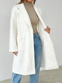 SHEIN PETITE Áo khoác nữ dáng ôm cổ trễ vai tay dài ve lật hai túi thời trang thu đông - Màu be - Xem 7