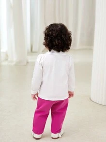 Baby Girl Casual White Floral Print Shirt & Fuchsia Trousers 2 Pcs Set, Autumn/Winter - Hot Pink - View 2