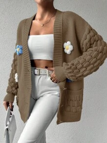 EURMUSE Women's Casual Floral Embellished Drop Shoulder Long Sleeve Open Front Cardigan For Fall/Winter - Chocolate Brown - View 6