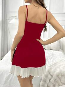 SHEIN 女士无袖荷叶边拼色睡裙，节日季 - 紅白色 - 查看 2