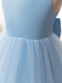 SHEIN Glamorique Kids Young Girl Blue Sleeveless Pearls & Bow Tie Mesh Party Dress, Suitable For Summer Wedding/Birthday Events/Performances