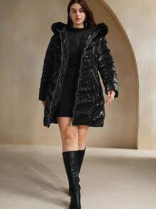 Anewsta Women Plus Size Mid-Long Hooded Detachable Faux Rabbit Fur Waist Padded Coat, For Winter - Black - View 5