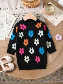 Vestido de suéter para bebé recién nacida, elegante vestido de manga larga con cuello redondo, diseño jacquard floral colorido, cálido y cómodo vestido negro, ropa de invierno para niña bebé - Negro - Ver 1