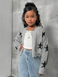 SHEIN Tween Girls' Oversized Star Print Knitted Cropped Cardigan