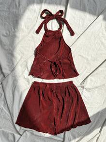 SHEIN Unity 2pcs/Set Women Sexy Backless Halter Crop Top And Shorts, Summer - Burgundy - View 2