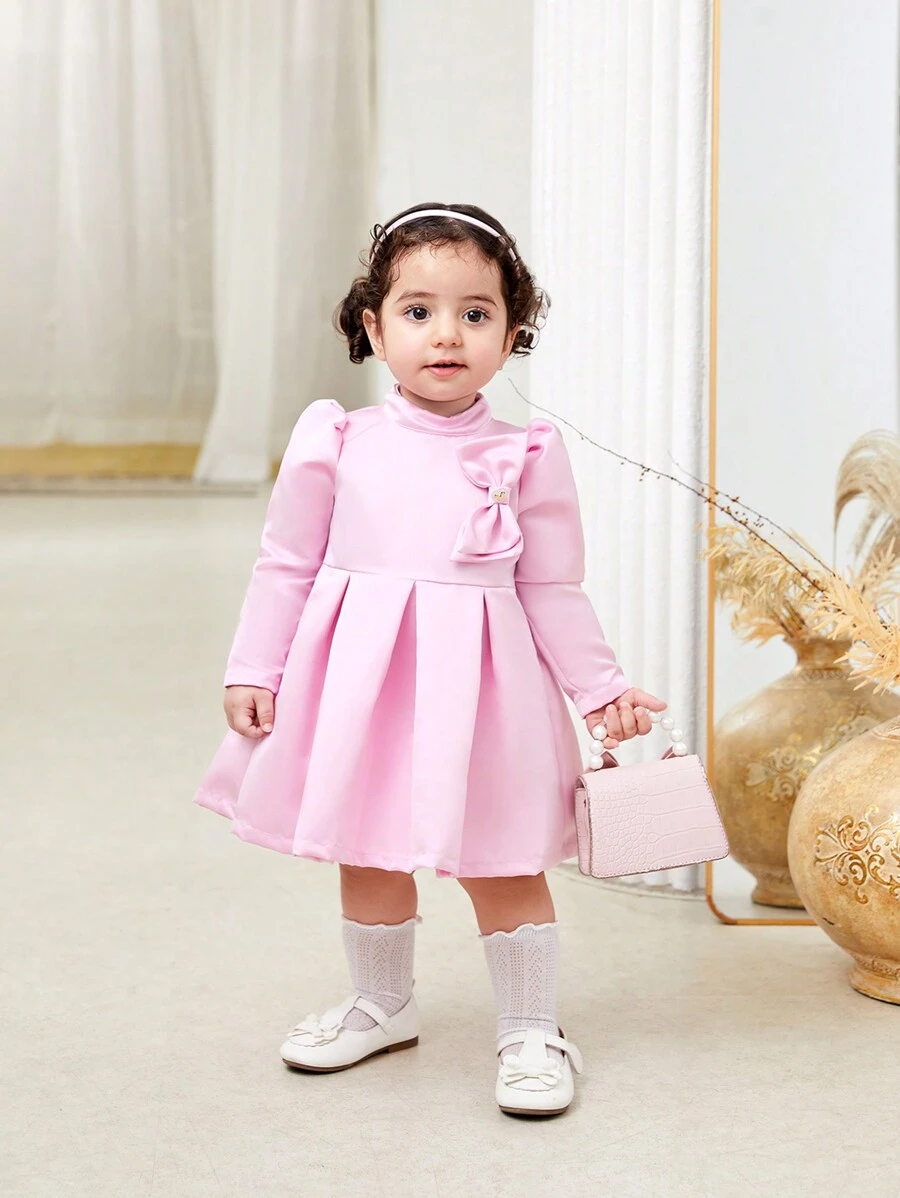 Abito rosa decorato con fiocco dolce per bimbe, autunno/inverno - Rosa - Visualizzare 1