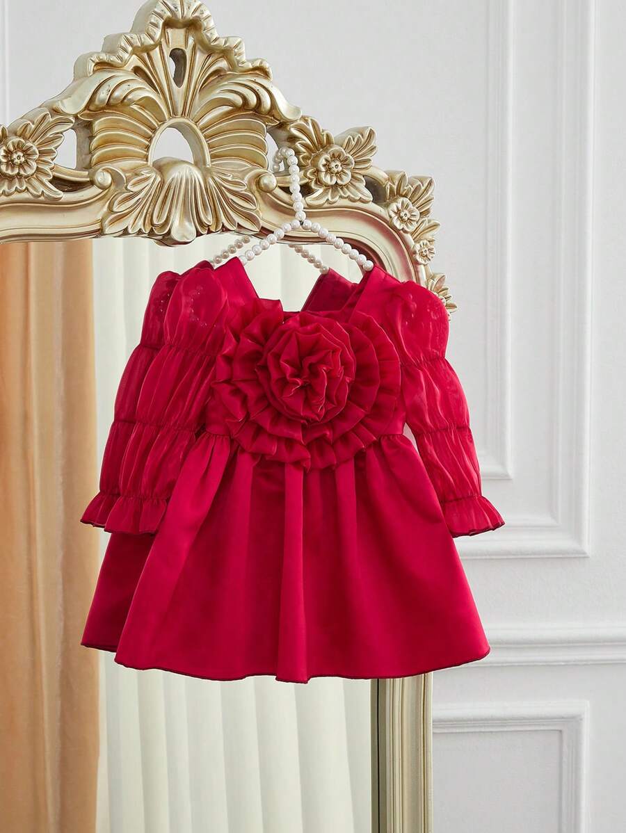 SHEIN 女婴 3D 花卉网眼奢华优雅可爱休闲日常连衣裙，秋冬 - 彩色 - 查看 1