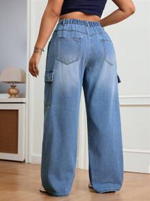 SHEIN EZwear Plus Size Vrouwen Trekkoord Taille Cargo Zak Wijde Pijpen Relaxed Casual Baggy Jeans