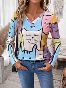 EMERY ROSE Camiseta de punto con cuello en V con estampado de gato lindo para mujeres, multicolor