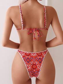 SHEIN Swim Summer Vacation Beach Paisley Print, Triangle Cup T-String Hemming Bikini Set - Multicolor - View 2