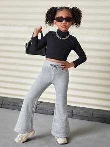 SHEIN Young Girl Solid High Waist Flare Leg Sweatpants For Summer / Fall Outdoor Activities,Casual & Daily Wear & School Daily Flared Sweatpantsflare Sweatpantsflare Sweat Pantswide Leg Sweatpants