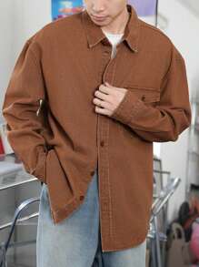 Manfinity Homme 男士浅棕色休闲宽松落肩牛仔衬衫 - 棕色 - 查看 1