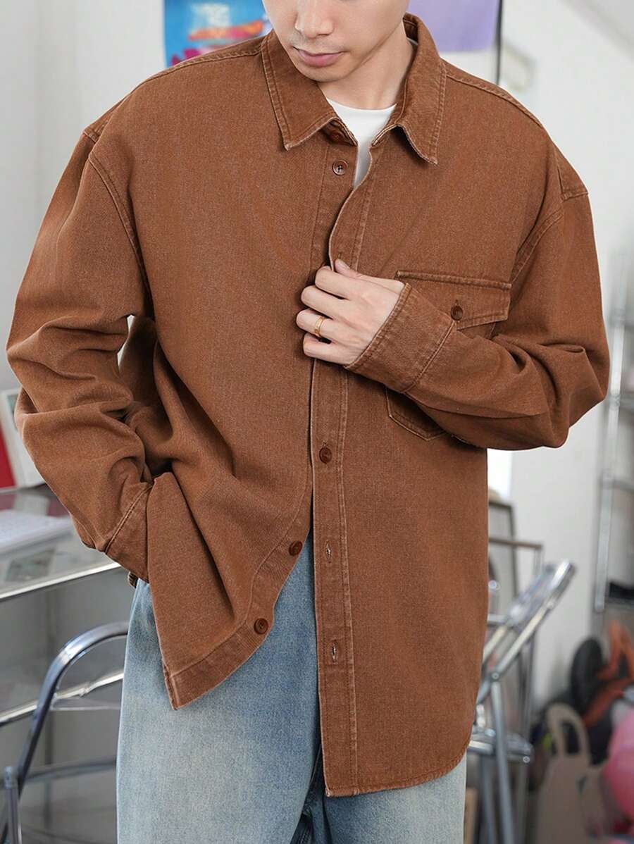 Manfinity Homme 男士浅棕色休闲宽松落肩牛仔衬衫 - 棕色 - 查看 1