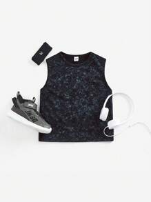 SHEIN Leap Crew Young Boy Letter Print Knitted Loose Fit Tank Top, Washed Look - Black - View 8