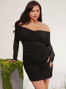 evoluSHEIN X Anitta RAUL OROZCO Designer Plus Off-Shoulder Thumb Hole Mesh Sleeves Mini Dress, Holiday, Party, Thanksgiving, Festival