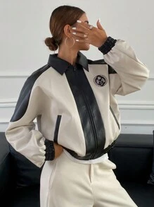 DAZY 拼布撞色 PU 领超大长袖提花图案女式夹克，秋季女装 - 黑色 - 查看 4