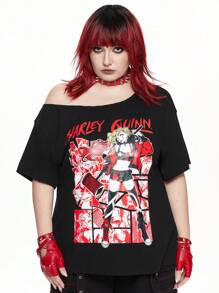 Harley Quinn | ROMWE Áo phông in chữ & nhân vật hoạt hình phong cách Punk tối màu cỡ lớn, mùa hè - màu đen - Xem 3