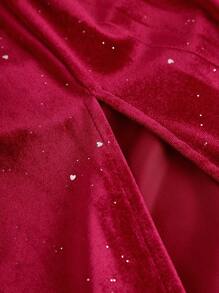 SHEIN Girlism Tween Girl Elegant Burgundy Velvet Ruffle Draped Neck Bodycon Dress With Slit, Suitable For Christmas Party & Holiday Dress - Burgundy - View 3