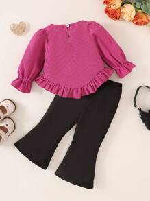 SHEIN Bộ đồ liền thân dài tay cổ tròn họa tiết hoa 3D cho bé gái - Màu Hồng Tươi - Xem 2