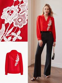 MOTF PREMIUM CLASSY LAPEL COLLAR EMBROIDERY FLORAL PATTERN LANTERN SLEEVE SHIRT - Red - View 9