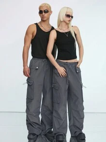 Manfinity VCAY 男士時尚鬆身簡約休閒編織褲，適合日常穿著 - 深灰色 - 查看 1