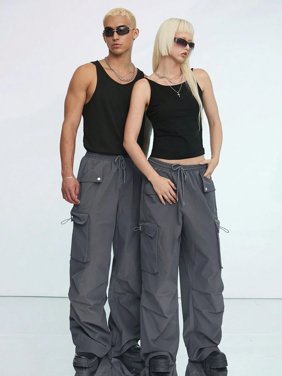 Manfinity VCAY 男士時尚鬆身簡約休閒編織褲，適合日常穿著 - 深灰色 - 查看 1