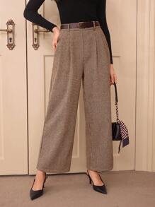 Vintamour Vintage Classic Elegant Women's Pants, Fitted Wool Plaid Pants With Belt & Pockets, Available In Coffee & Khaki Colors, Suitable For/Brown Office Old Money Spring - Brown - View 4