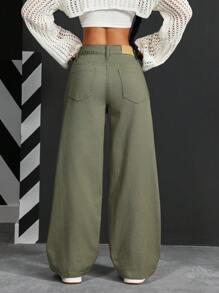 SHEIN PETITE 女式宽松阔腿口袋休闲牛仔裤 - 綠色 - 查看 5