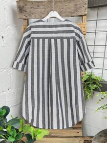 SHEIN LUNE 半襟彩色编织条纹女士休闲不对称下摆衬衫 - 彩色 - 查看 2