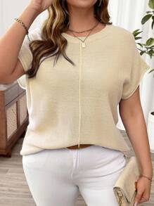 Breezaya 大码纯色针织休闲上衣 - 杏色 - 查看 1