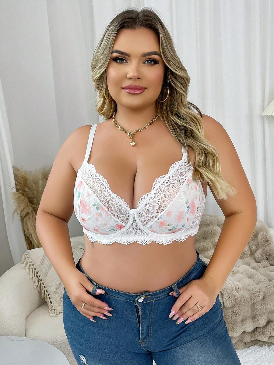 Plus Size Lace Trim Backless Camisole With Underwire Full Cup Bra, Lingerie - White - View 1