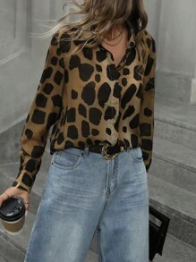 GENKIRA Áo sơ mi tay dài cổ bẻ in họa tiết da báo cổ bẻ đa năng giản dị cổ điển ngẫu nhiên, thanh lịch dành cho nữ, áo sơ mi cài nút phía trước, trang trọng dành cho nữ - màu nâu - Xem 5