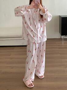 DAZY Ensemble de pyjama avec volant à motif tulipe - Nude - Voir 4