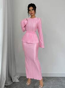 Rafferiza 2 件套女士纯色休闲长袖上衣和褶皱系带腰裙套装 - 粉色 - 查看 3