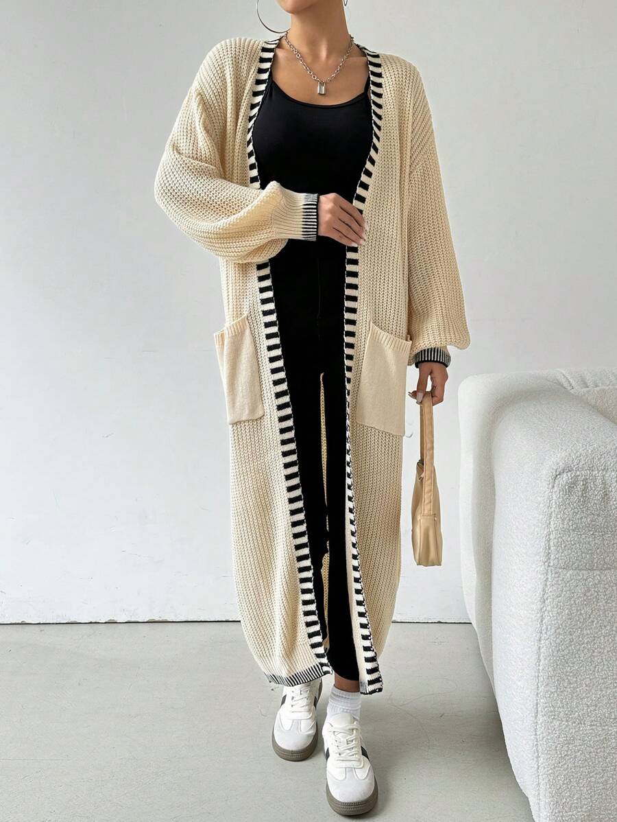 SHEIN EZwear Áo khoác cardigan dài tay rộng rãi họa tiết sọc vai trễ dành cho nữ, mùa thu/đông - Màu be - Xem 1
