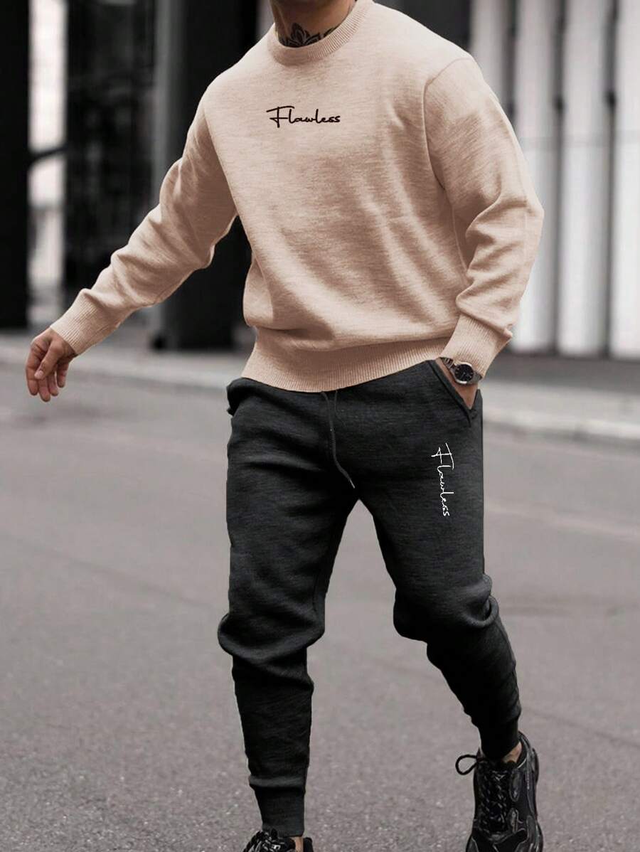 SHEIN Cottnline Men Letter Graphic Sweatshirt & Sweatpants - Camel - View 1