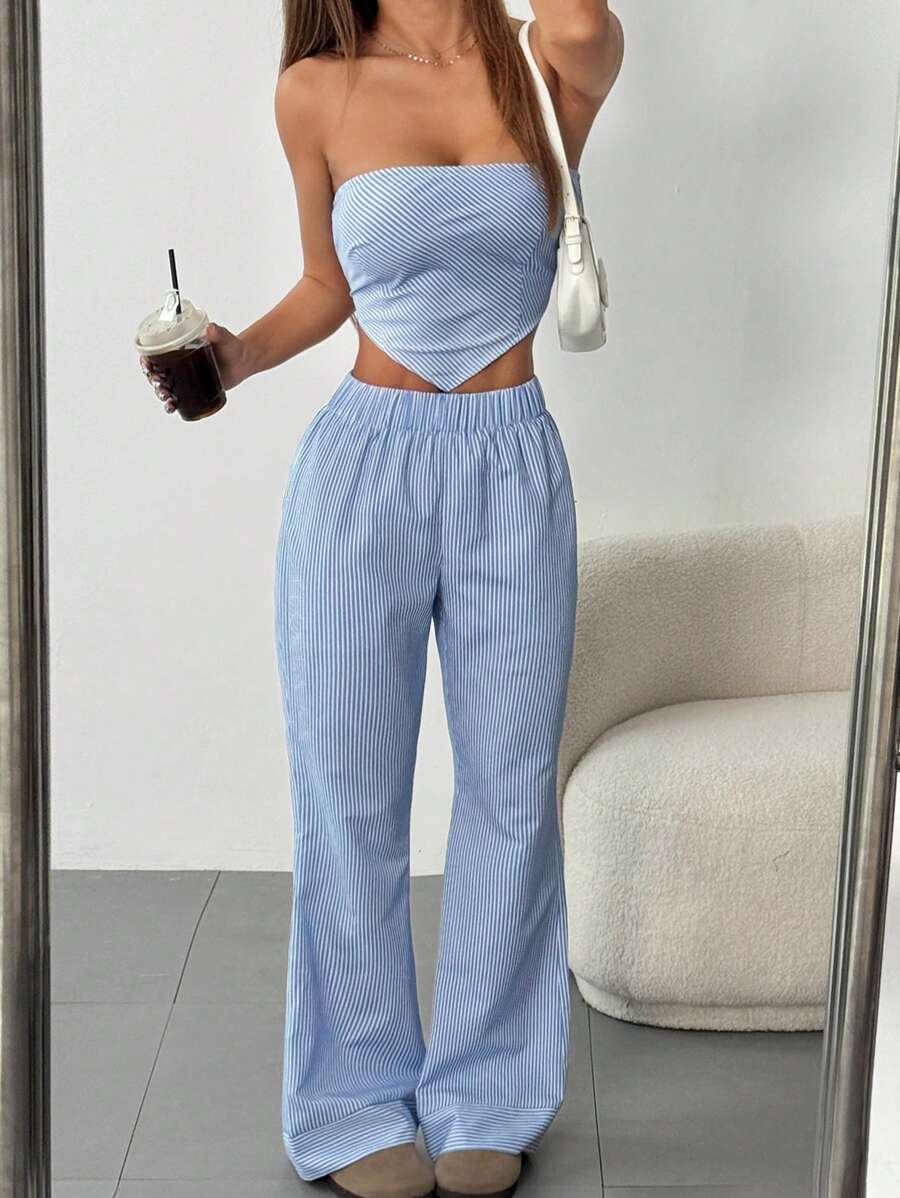 SHEIN Unity 2 件套女士夏季休闲条纹抹胸和裤子套装 - 彩色 - 查看 1