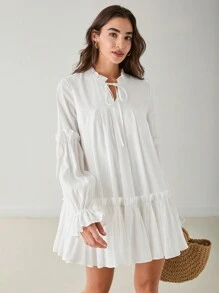 Enchnt 女士度假休闲纯色荷叶边下摆连衣裙