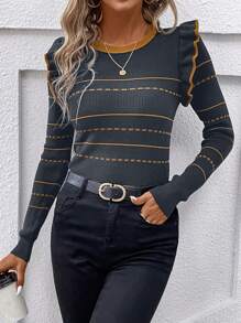 SHEIN Clasi Jersey de cuello redondo de manga larga con rayas y adornos de volantes para mujer, apto para otoño e invierno, blusas de manga larga