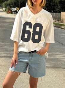 INAWLY 女士宽松休闲印花 V 领落肩 T 恤，夏季