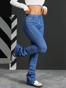 SHEIN PETITE 正面纽扣多口袋简约休闲牛仔裤 - 藍色 - 查看 5